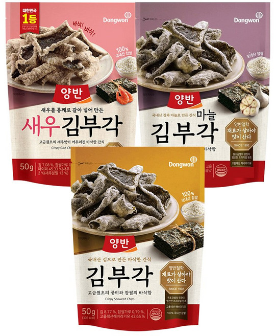 동원 양반 김부각 2개+마늘김부각 2개+새우김부각 2개 총 6개, 1세트, 50g