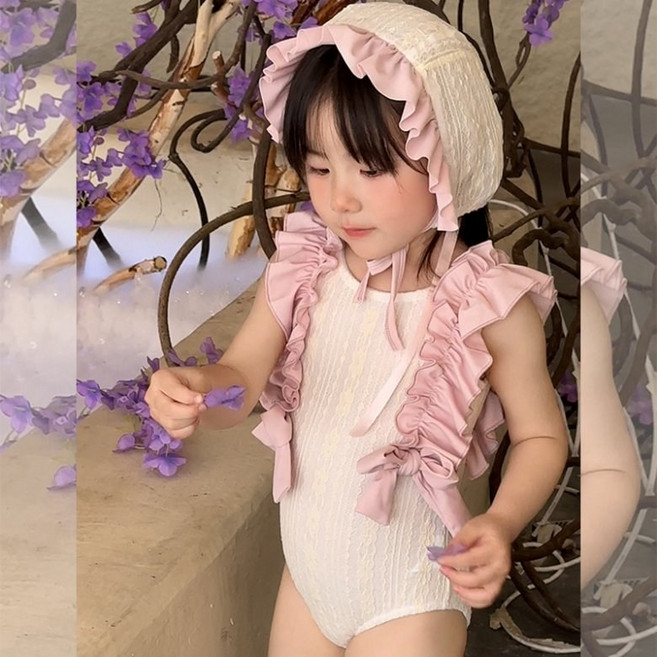 구빠방 여아 리본 프릴 원피스 수영복 세트