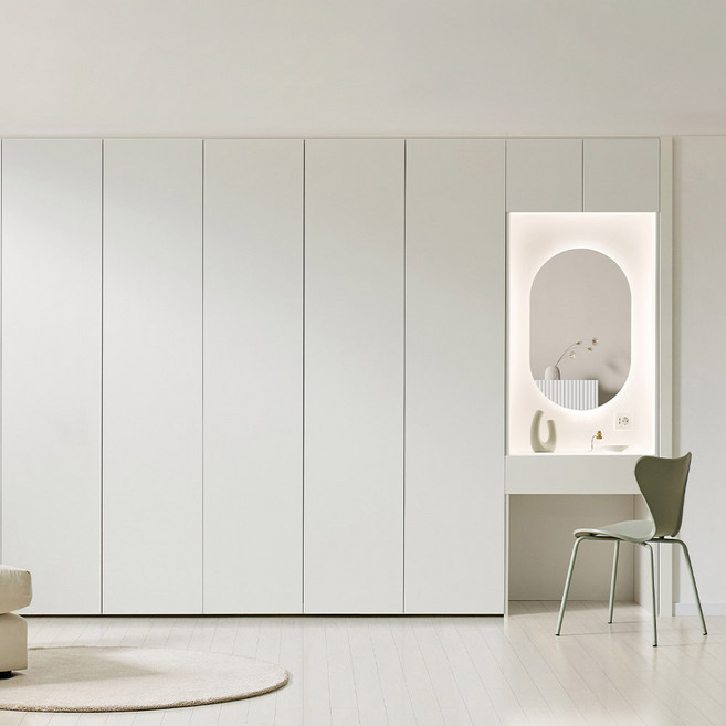 보루네오 붙박이장 맞춤가구 안방 화장대 무몰딩 10자, 화이트, 푸쉬풀, 390cm