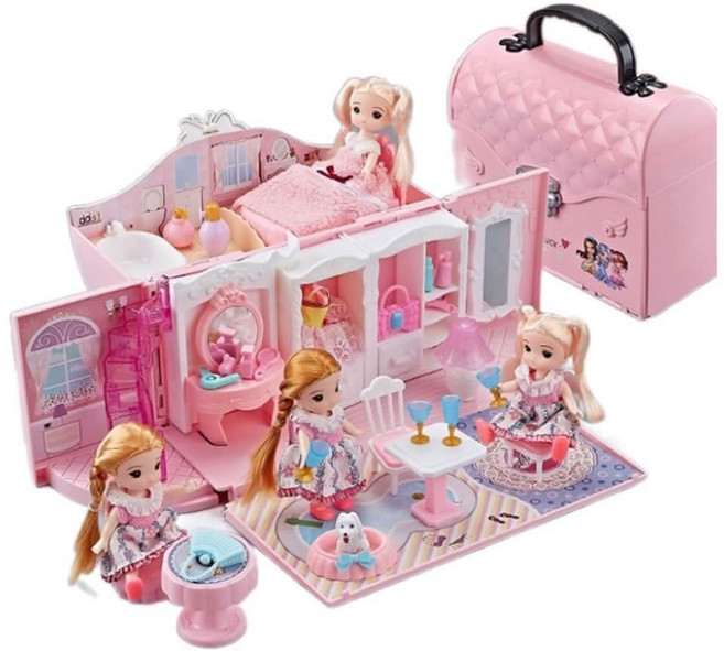 夢幻公主風娃娃屋手提箱套裝 配娃娃家具 女孩玩具, 粉色, 1個