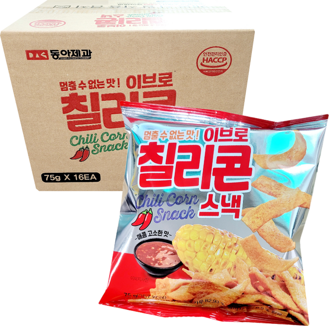 동아제과 이브로 칠리콘 스낵 75g, 16개