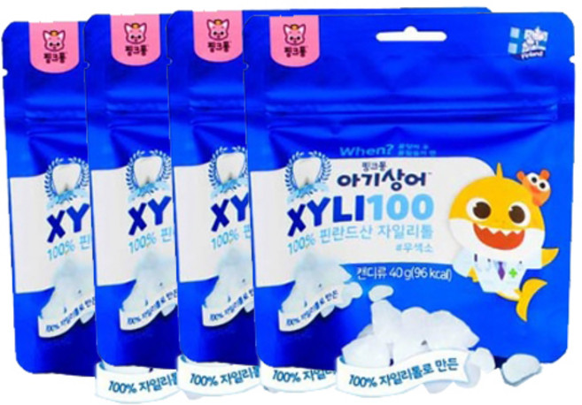 핑크퐁 아기상어 자일리100 핀란드100% 자일리톨, 40g, 4개
