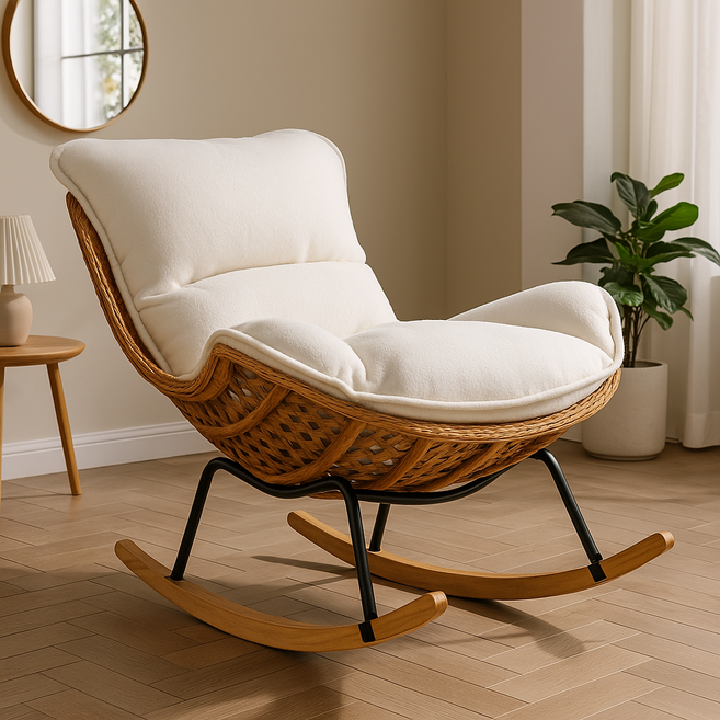 리빙베러 튼튼한 원목 라탄 1인용 쇼파 리클라이너 흔들의자 안락의자 암체어, 1개, 부클화이트