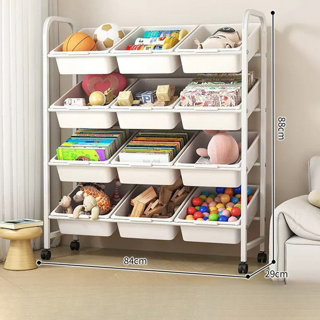 BIKASU 다용도 수납장 이동식 교구장 대용량 장난감 정리함 12칸, 미색