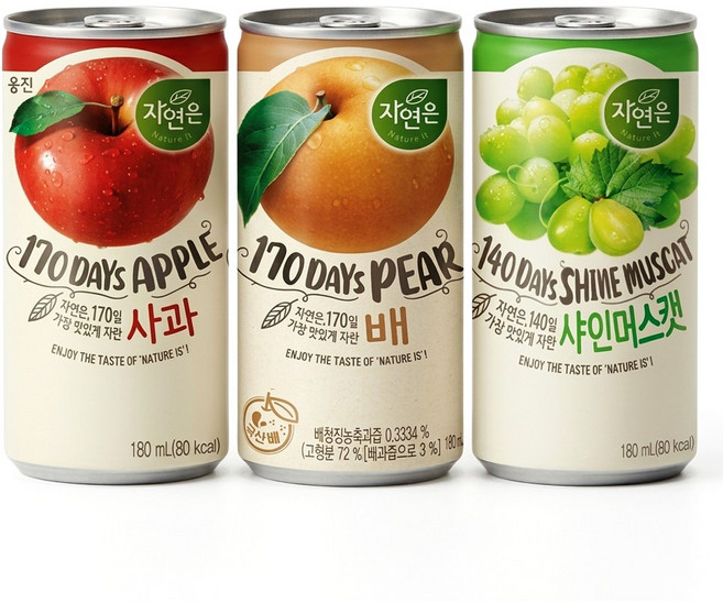 웅진 자연은 180ml 미니캔 사과+배+샤인머스캣 각 10개씩, 30개