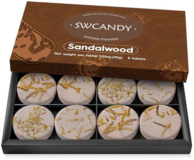 SWCANDY Shower Steamers 아로마테라피 생일 선물 여성용 여행 필수품 레몬 8개 배쓰밤 샤워밤 자연 추출물 에센셜 오일 휴식 홈 스파 253464, Sandalwood