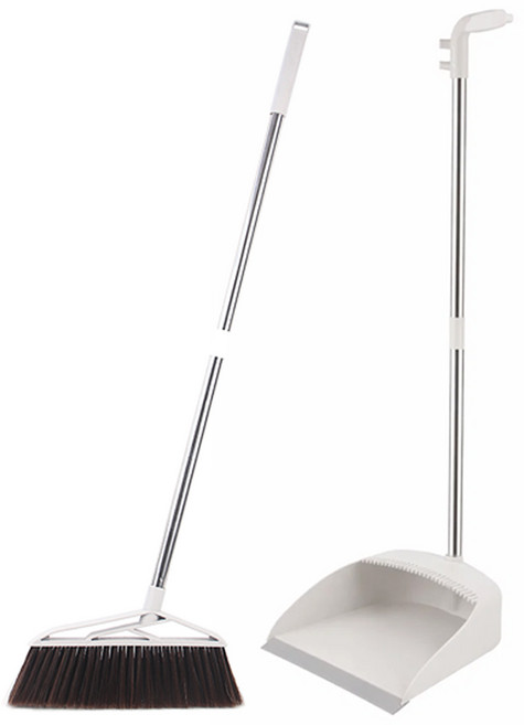 투데이리빙 스탠드형 빗자루 쓰레받기 세트 미용실 책상용 베란다 사무실 신발장 가정용 업소용 실내 야외용 실내용 마당 매장용 실외 청소 도구, 화이트, 1세트