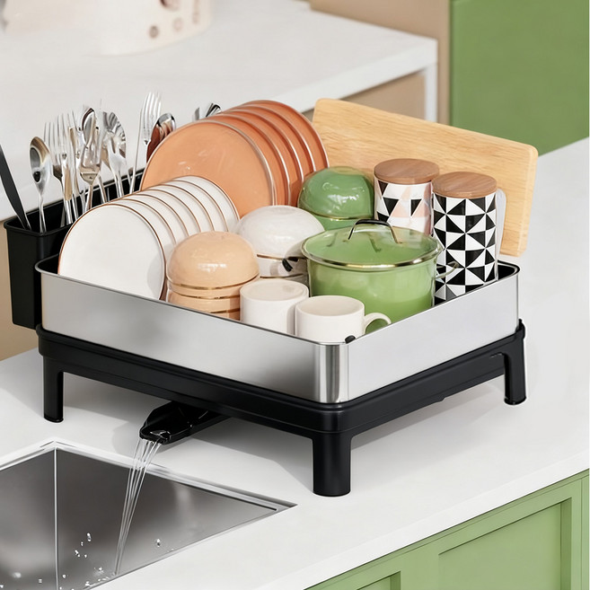 304스텐 식기건조대 1단2단 주방 설거지건조대 물빠짐트레이 그릇컵수납대 화이트 블랙, 1개, 1단