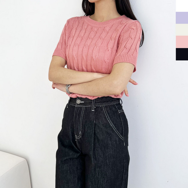 여자 반팔 꽈배기 니트 봄 여름 여성 얇은 라운드넥 반팔니트