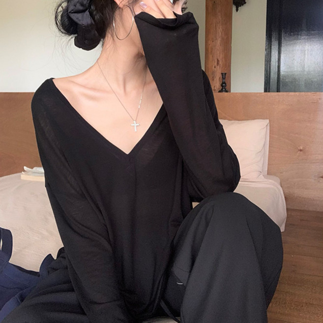 라라홀리 시스루 딥 브이넥 여리핏 루즈 긴팔 티셔츠