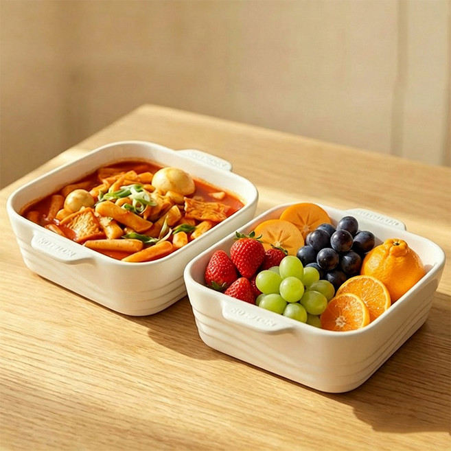 WHH 예쁜 도자기 그릇 식기 세트 양손 그라탕기 접시 냉면기 큰국그릇 국그릇, 4개, 화이트