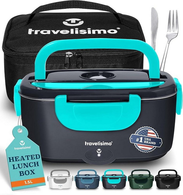 TRAVELISIMO 성인용 전기 런치 박스 100W 온열 런치 박스 남성용 1.5L 스테인리스 스틸 휴대용 푸드 워머 여행 및 업무용 12/24/110V Loncheras, Neon Blue