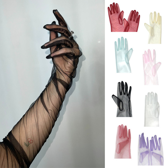 시스루 롱 장갑 셀프웨딩 심플 쉬폰 얇은 소품 파티 투명 긴장갑 촬영 화보 연말 패션 화보 촬영