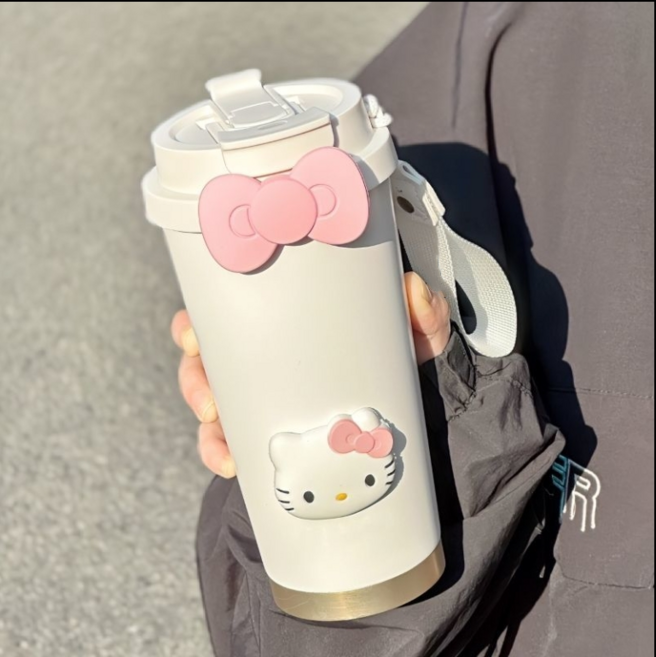 스테인레스 헬로키티 캐릭터 텀블러 헬스 스포츠 빨대 일체형 물컵, 화이트520ML(리본+헬로키티패치증정), 1개, 520ml