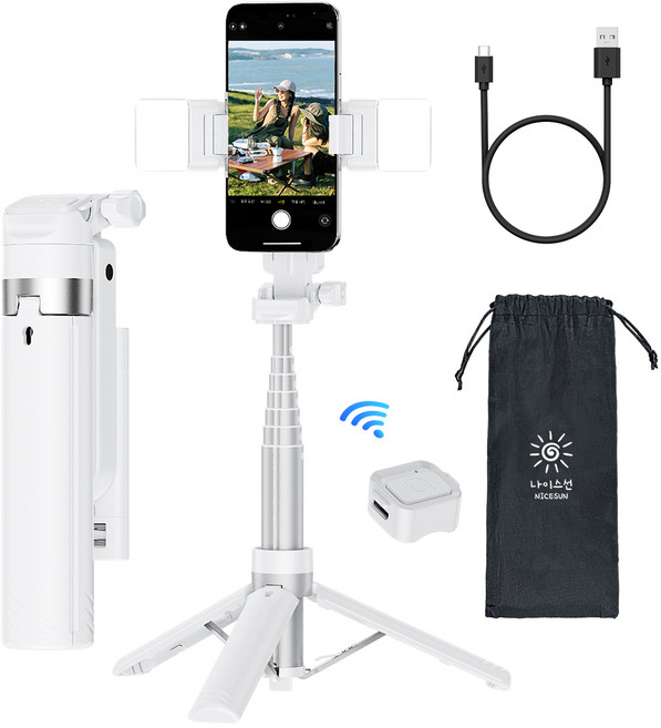 NICESUN 원터치 미니 블루투스 초경량 휴대폰 셀카봉 삼각대 90cm M56, 화이트+LED