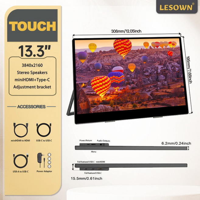 LESOWN 13 인치 화면 컴퓨터 모니터 HDMI 디스플레이 3840X2160 니트 그리기용 휴대용 4K 400 보조 PC IPS USB 터치, 없음, 6) 13.3in 4K Touch - AU 플러그