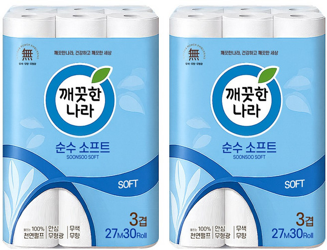 깨끗한나라 순수 소프트 천연펄프 3겹 화장지, 27m, 30롤, 2개