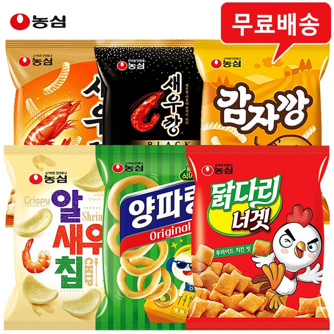 농심 과자 6개 혼합무배/새우깡1+블랙1+감자깡1+알새우칩1+양파링1+닭다리너겟1, 75g