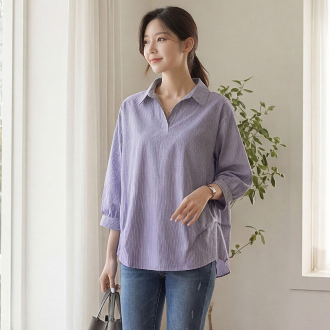 B177-9 보르콘 빅사이즈 여성 백포인트 7부 블라우스 간절기용