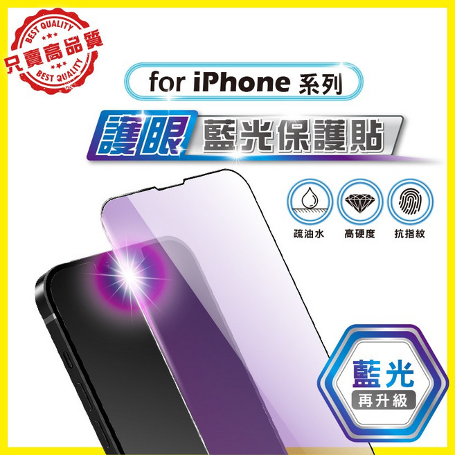 iPhone 護眼抗藍光滿版玻璃保護貼 (適用於iPhone 17 16 15 14 13 12 11 7 8 Pro Max Plus), 1個, 13ProMax／14PLUS 共用,2.5D 頂級抗藍光