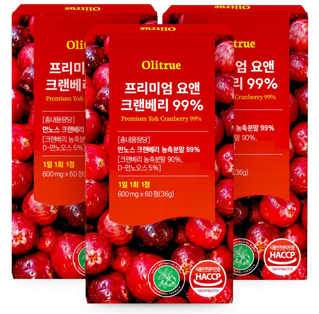 [정품] 프리미엄 요앤 크랜베리 99%, 3개, 60정