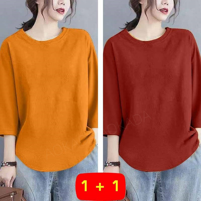 AOKADA 1+1여성 모달 칠부소매 라운드넥 티셔츠 루즈핏 기본 무지 이너 상의