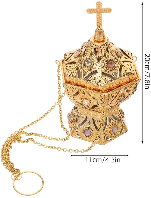 빈티지 향로 체인으로 연결된 십자가 아로마테라피 장식품 영적 공간 명상 교회용, 02 golden