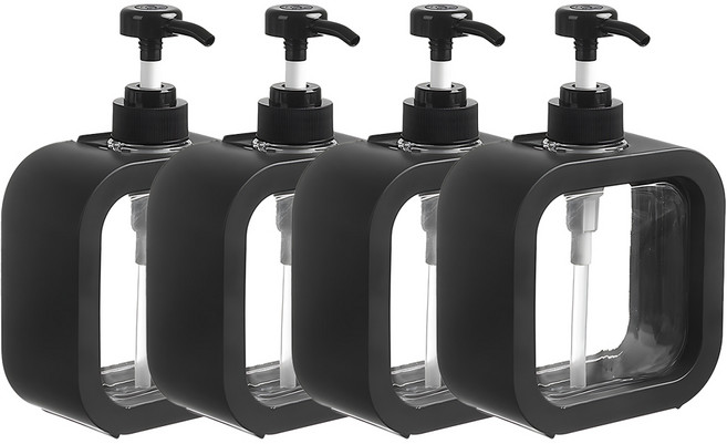 코아 사각 투명 펌프 디스펜서 300ml 4개 세트 플라스틱 용기, 블랙