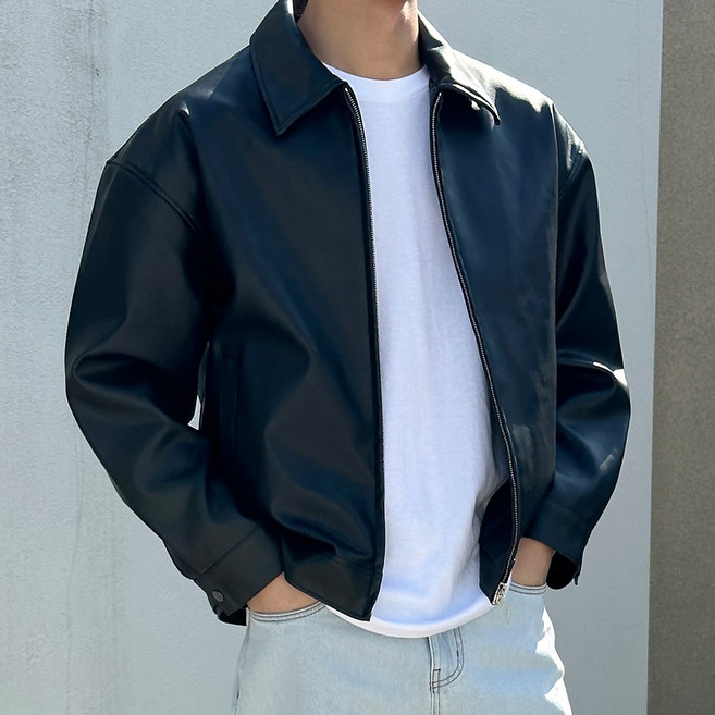 더맨쉽 베이직 카라 오버핏 레더 자켓 IDTJP15023