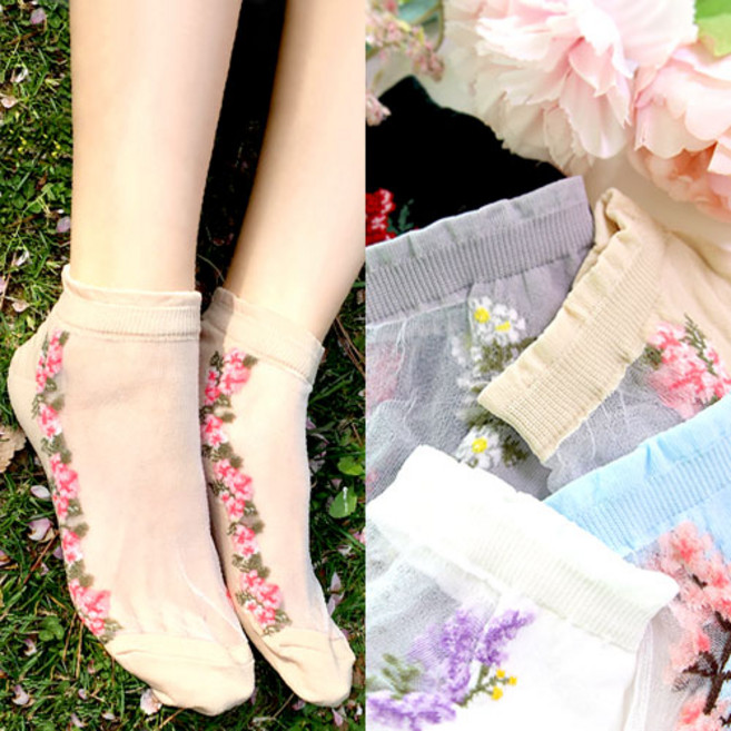 착한새 꽃무늬 발목 망사양말 플라워 프릴 여자여성패션 웰리 시스루 삭스(socks)