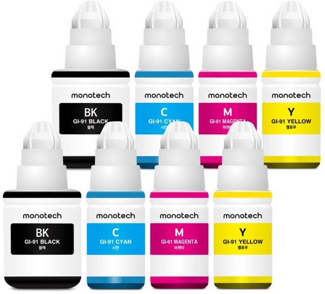 모노테크 캐논 호환잉크 세트 GI-91, 2세트, 검정+파랑+빨강+노랑
