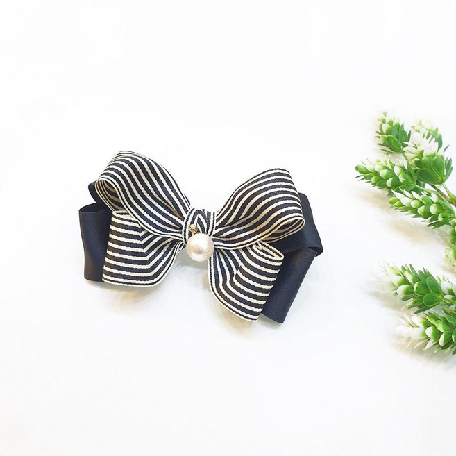 다예삐고 스트라이프 블랙 무광리본 왕리본 진주 큐빅 핸드메이드 머리핀 헤어핀