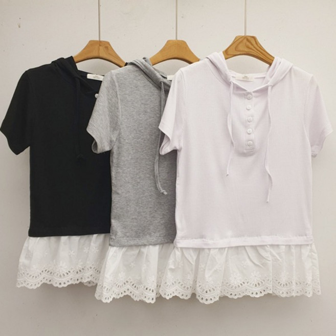 골지레이스 후드티셔츠)후드반팔티셔츠 골지패턴무늬 펀칭 밑단레이스달림 레이어드 이중 단추 반소매 반팔후드티셔츠 프릴 셔링