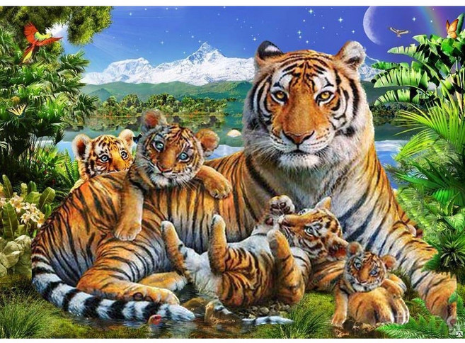 MJS 보석십자수 50x40cm (캔버스형) DIY 세트 MJ8, AD18 호랑이네 패밀리, 1세트
