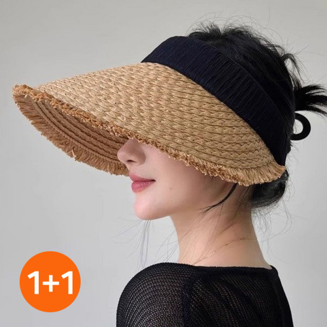 1+1 여름 밀짚 바캉스 썬캡 밴딩 와이드 챙넓은 모자
