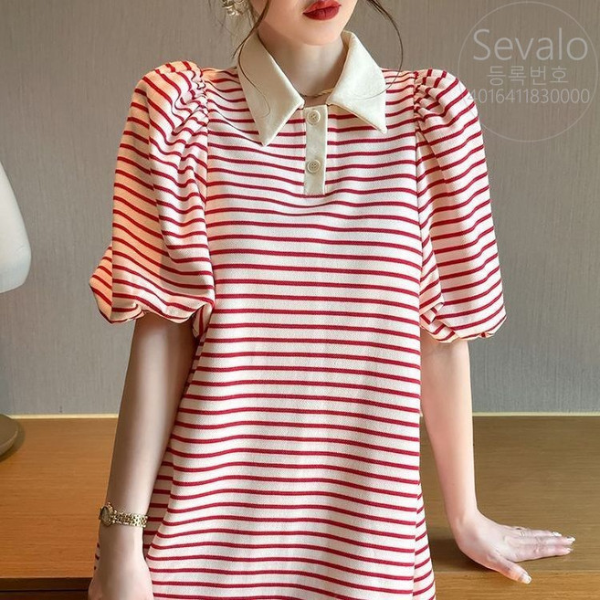 여성용 카라단들 스트라이프 반팔원피스