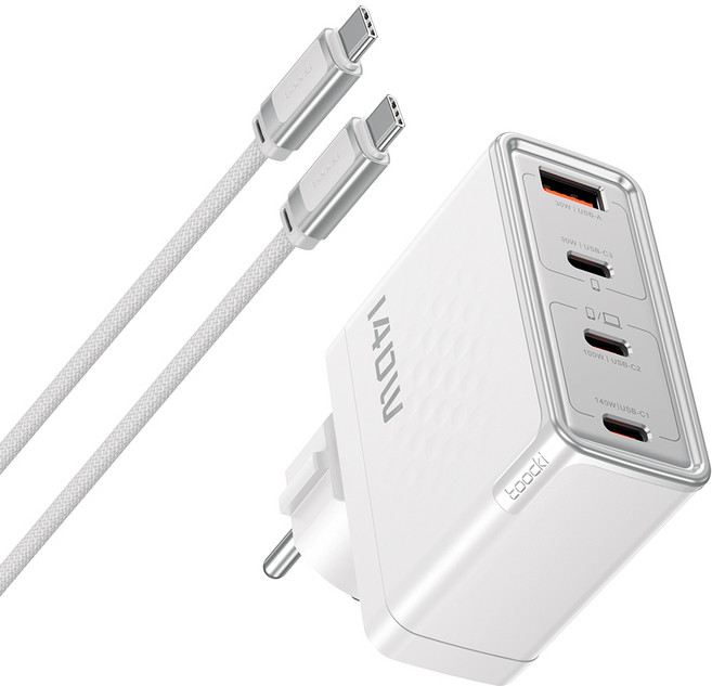 Toocki PD 3.1 GaN PPS 140W 4포트 접지형 초고속 멀티충전기 + C TO C 2M 240W 케이블 세트, 1세트, 화이트