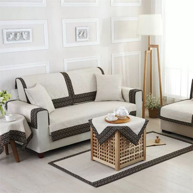 소파 커버 여름 린넨 라탄 여름용 사계절 쇼파, 1개, 차이니즈 베이지 화이트 작은 격자무늬