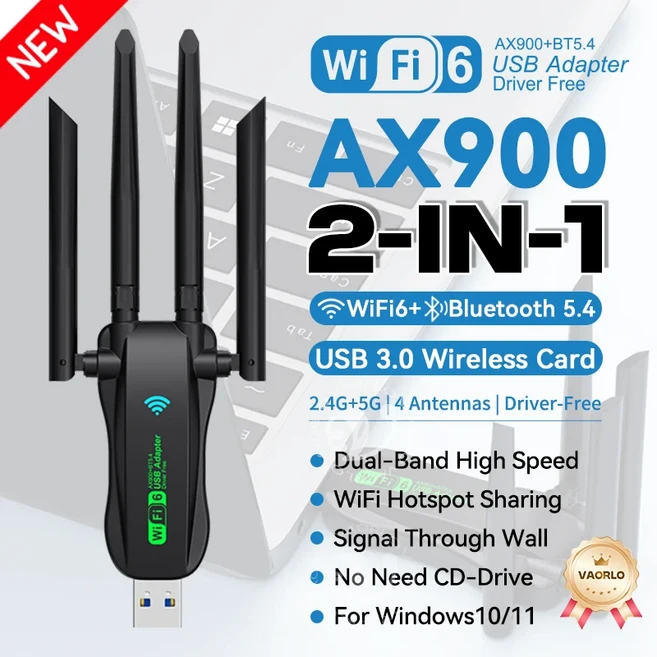 WiFi 6 AX900 블루투스 5.4 USB 어댑터 무선 네트워크 카드 2.4G&5GHz Wi-Fi 안테나 (PC/노트북 Win10/11 드라이버 불필요), 2in1 WIFI6 BT5.4, 1, 2in1 WIFI6 BT5.4
