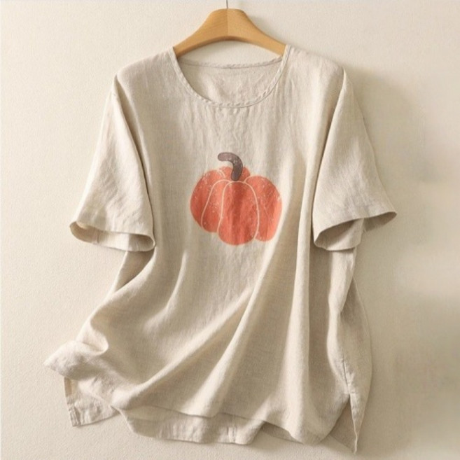 Makone 여성 빈티지 린넨 반팔 티셔츠 여름 얇은 루즈핏 캐주얼 프린트 풀오버 상의 반소매 티