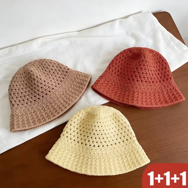 1+1+1 초특가 여성용 여름 니트 오픈워크 버킷 모자 통기성 우수 자외선 차단 모자
