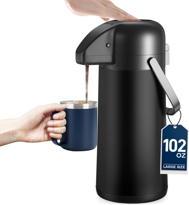 보온용 커피 카라페 - 게조스 102OZ 펌프 포함 3L 에어팟 디스펜서 뜨거운 음료용 대형 차 액체 파티용 단열 스테인리스 스틸 온수 음료 블랙, Black, 102 Ounces