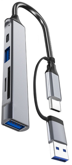 PC 키보드 노트북 마우스와 호환되는 USB C+USB 허브 5포트 USB 스플리터 멀티포트 확장 데이터 케이블 메모리 카드 어댑터, Gray, 1개, 사이즈 이미지 참고