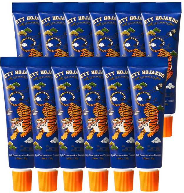 ETT HOJAKDO] 여행용 치약_호랑이 스케일링 엣 호작도 30GX12EA_콩알치약_완두콩치약 아조나ajona아요나 구성 여행 출장 헬스장 필수템 미니치약 학교용 불소 치약, 30g, 12개