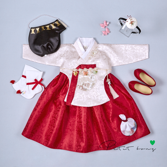 [백일 돌 세트구성] 여아한복 예진 봉황보 당의 홍치마 한복세트(10%적용)_심플금박조바위(블랙)+삼색꽃나비매듭외술(오트밀)