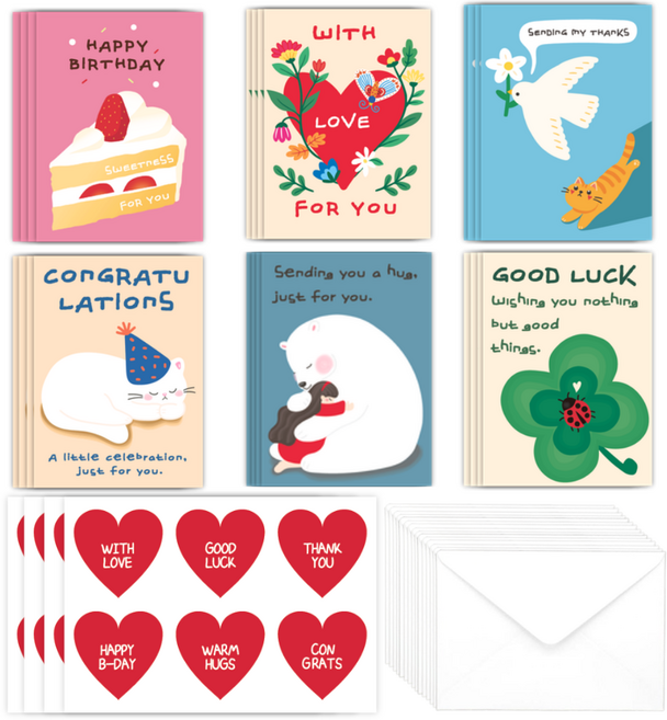 생일 감사 축하 미니 메세지 카드 6종 세트 24매 봉투 스티커 포함, 혼합, 1팩
