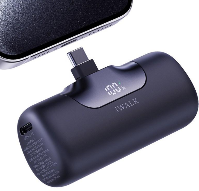 아이워크 iWALK 도킹형 미니 보조배터리 PD 22.5W 초고속충전 5500mAh C타입 일체형 아이폰 갤럭시 휴대용 LED잔량표시, 블랙