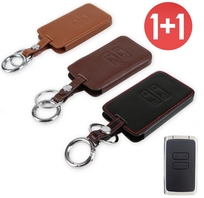 바이어블 1+1 르노 삼성 4버튼 B타입 SM6 Qm6 천연 소 가죽 스마트키 케이스, 블랙+브라운