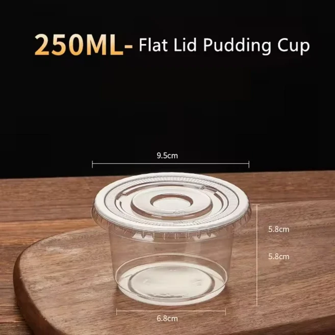 50/100Pcs 250ML 일회용 샐러드 컵 아이스크림 컵케이크 돔/플랫 뚜껑이있는 투명 플라스틱 디저트 그릇 컨, 02 250ml Flat, 01 100 개
