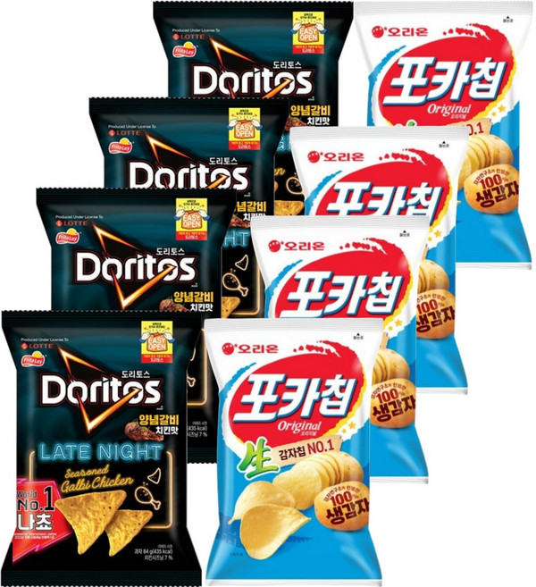 롯데 오리온 스낵모음 도리토스 양념갈비 84gx4개+포카칩 오리지널 66gx4개 (총8개), 84g